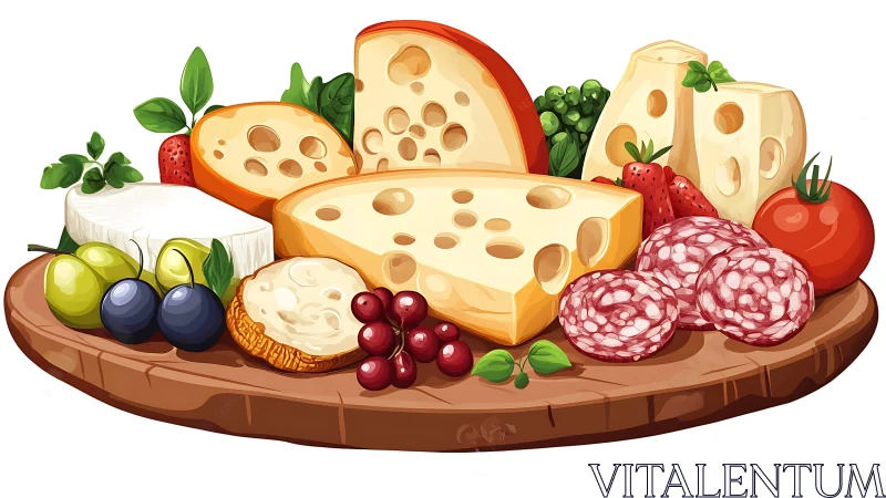 Gourmet cheese and charcuterie board with ripe fruits and herbs.