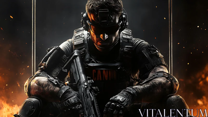 Battle-hardened cyber soldier crouches in embers and shadow.