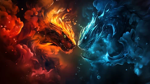 Elemental fire and ice dragon confrontation in swirling vapor