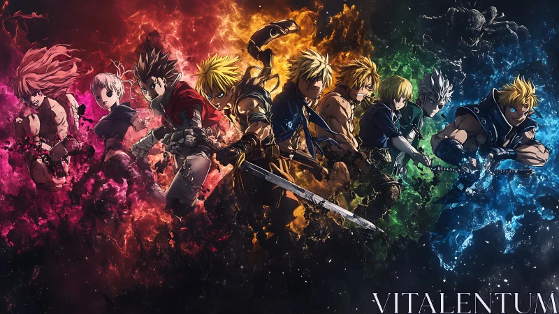 Elemental anime warriors charging through prismatic energy.