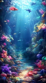 Fantasy coral canyon under glowing tropical reef water.