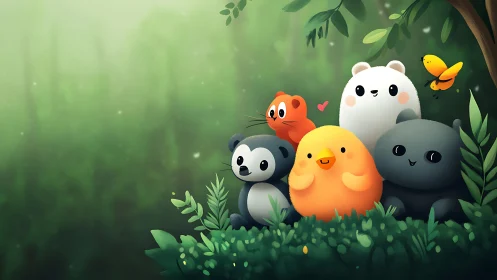 Cute forest animal group sitting in lush green foliage.