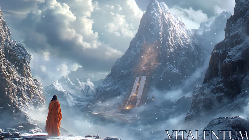 Monk faces towering icy temple within stormbound pass.