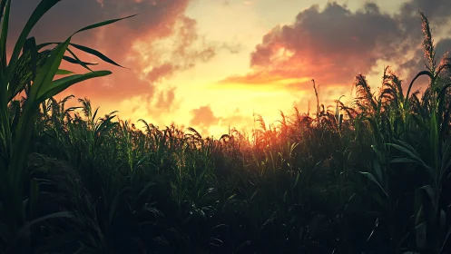 Cornfield horizon ignites under dramatic sunset sky glow