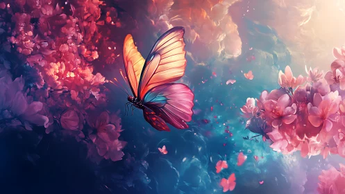 Radiant butterfly glides through vivid blossoms and light