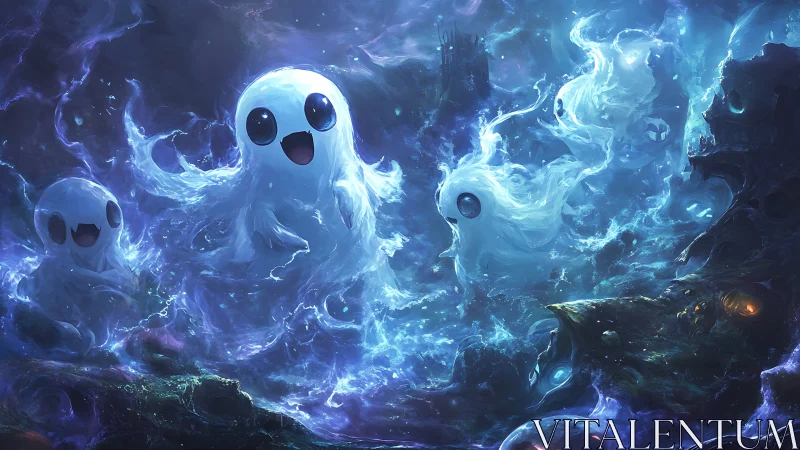 Playful cosmic ghosts swirl through glowing nebula seas.