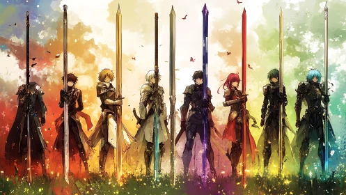 Rainbow armored knights with towering elemental swords.
