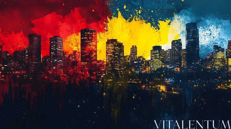 Triptych skyline abstraction with chromatic bleed overlays.