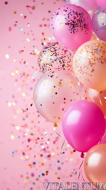 Festive Balloons with Confetti Scatter Against Pink Background