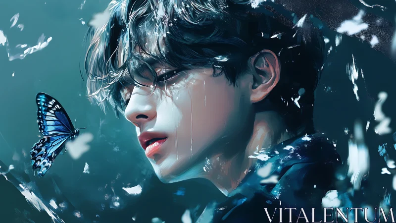 Softly Lit Portrait With Blue Butterfly And Dreamy Calm.