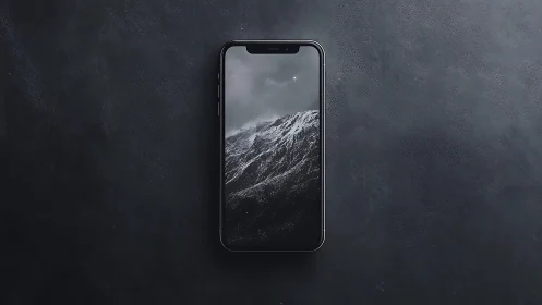 Smartphone displays dramatic monochrome mountain wallpaper.