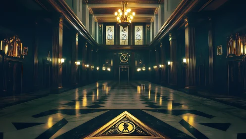 Grand neoclassical hall with luminous geometric floor design.