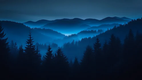 Twilight Mountains Draped in Ethereal Blue Mist.