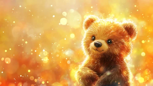 Digital illustration of young brown bear with bokeh background.