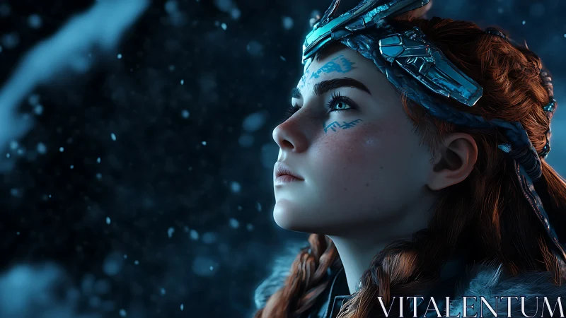 Rendered female character looks upward in falling snow