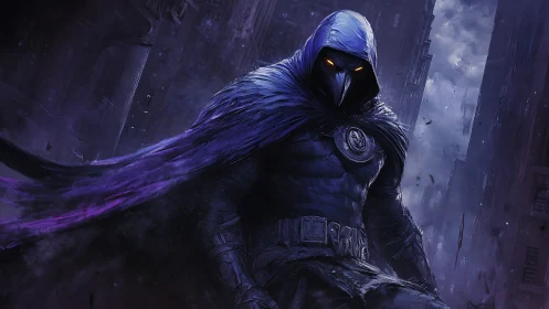 Midnight crow guardian perched above the stormy city.