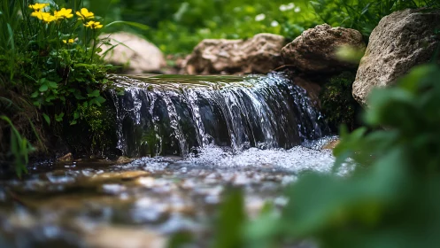 Tranquil forest stream with flowers and rocks, nature photography.