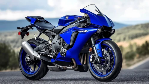 Blue sport motorcycle on open road with distant hills.