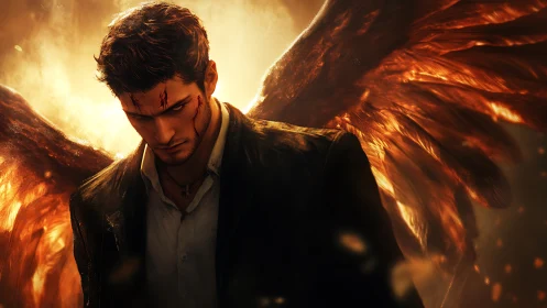 Scorched-wing fallen angel broods in molten twilight storm.