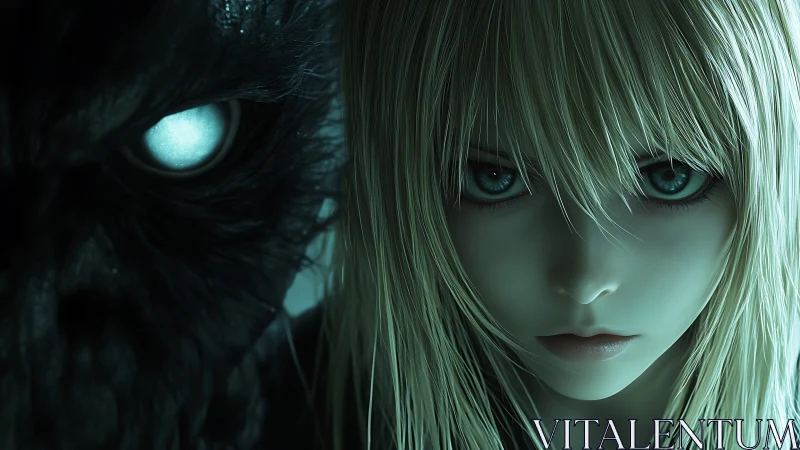 Haunting anime girl confronts lurking monster in icy glow