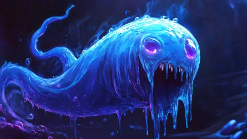 Glowing slime specter drips neon blue in dark cavern