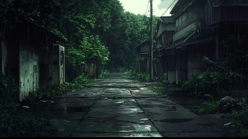 Rain-soaked abandoned alley with overgrown wooden houses.