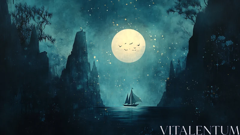 Moonlit sailing vessel between steep coastal cliffs.