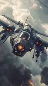 Storm-chasing demon jet gliding through burning skies.