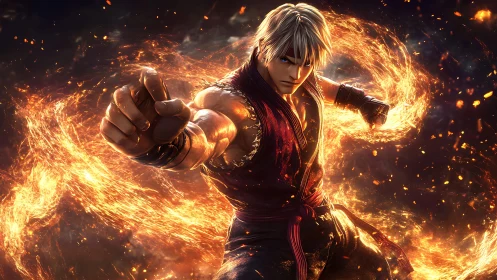 Martial artist channels swirling fire energy in combat stance