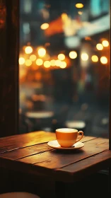 Single cappuccino on wooden café table under shallow depth of field