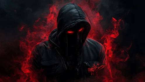 Hooded faceless figure in red smoke against dark backdrop.
