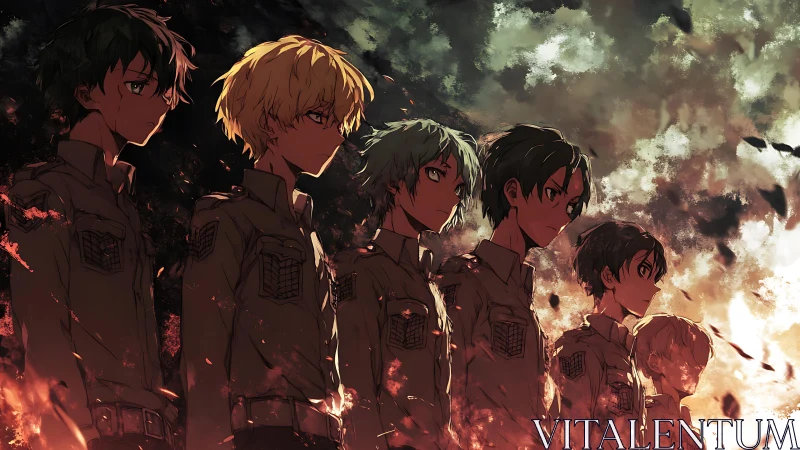 Parametric lineup of cadet silhouettes in incendiary dusk field.