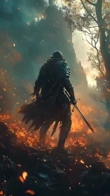 Lone ember-knight strides through a burning twilight forest.