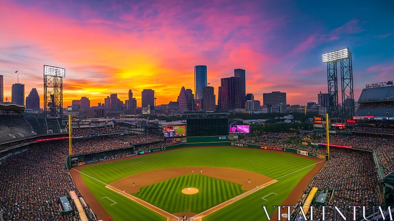 Sunset baseball game glowing against a welcoming city skyline.