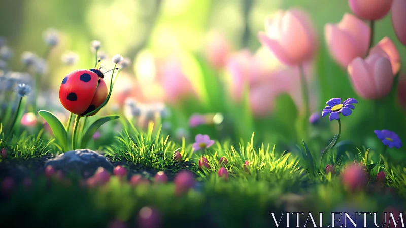 Ladybug dawn patrol in a tulip-bright miniature meadow.