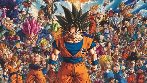 Epic anime heroes stand united in a colorful battle collage