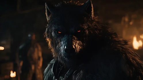 Midnight werewolf gazes back with fierce, fiery calm.