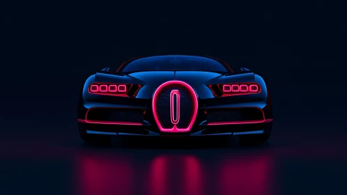 Neon lit black supercar front view in dark studio scene.