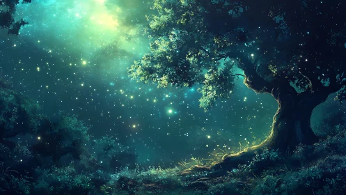 Starlit forest tree glows softly under a dreamy night sky