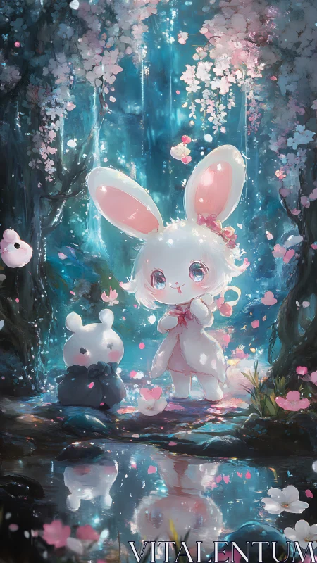 Luminescent chibi rabbit under cascading sakura canopy at pond