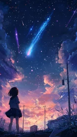 Girl observing meteor shower over dusk lit suburban sky.