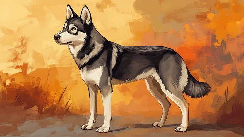 Husky style dog stands in profile against warm abstract field