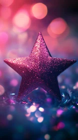 Glitter-coated magenta star rendered with shallow depth of field