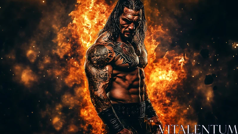 Muscular tattooed man stands before intense fire background