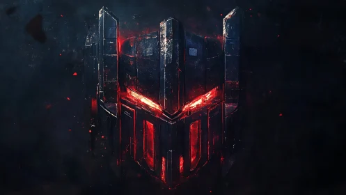 Metallic helmet emblem shows central red illuminated core