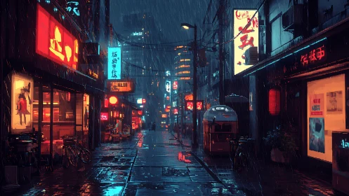 Neon-lit rainy alleyway renders cinematic cyberpunk depth