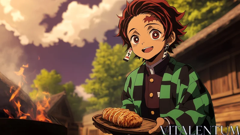 Smiling anime cook serves grilled bread by campfire glow.