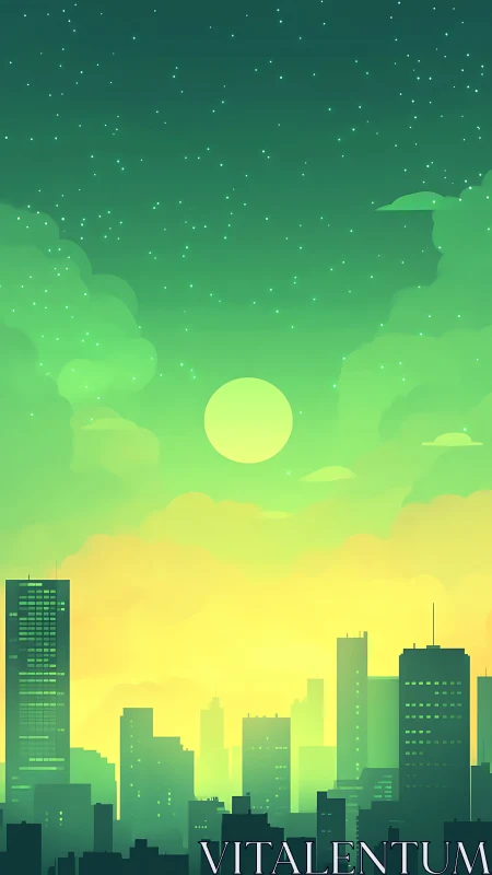 Green gradient city skyline under starry sky.