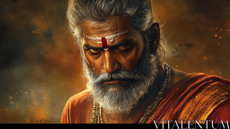 Portrait of elderly sage with tilak and saffron robe.