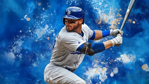 Baseball batter in white uniform swings against blue burst